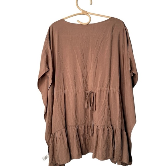 Tan Embroidered Lace Up Ruffle Bottom Boxy Batwing Top Cover Up Size S Boutique - Picture 9 of 15